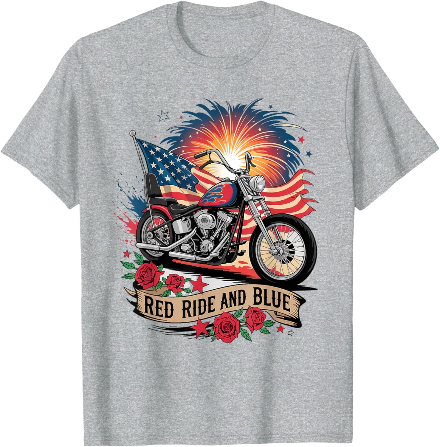 Patriotic USA Biker T-Shirt with Red Ride & Blue American Flag Design - 5