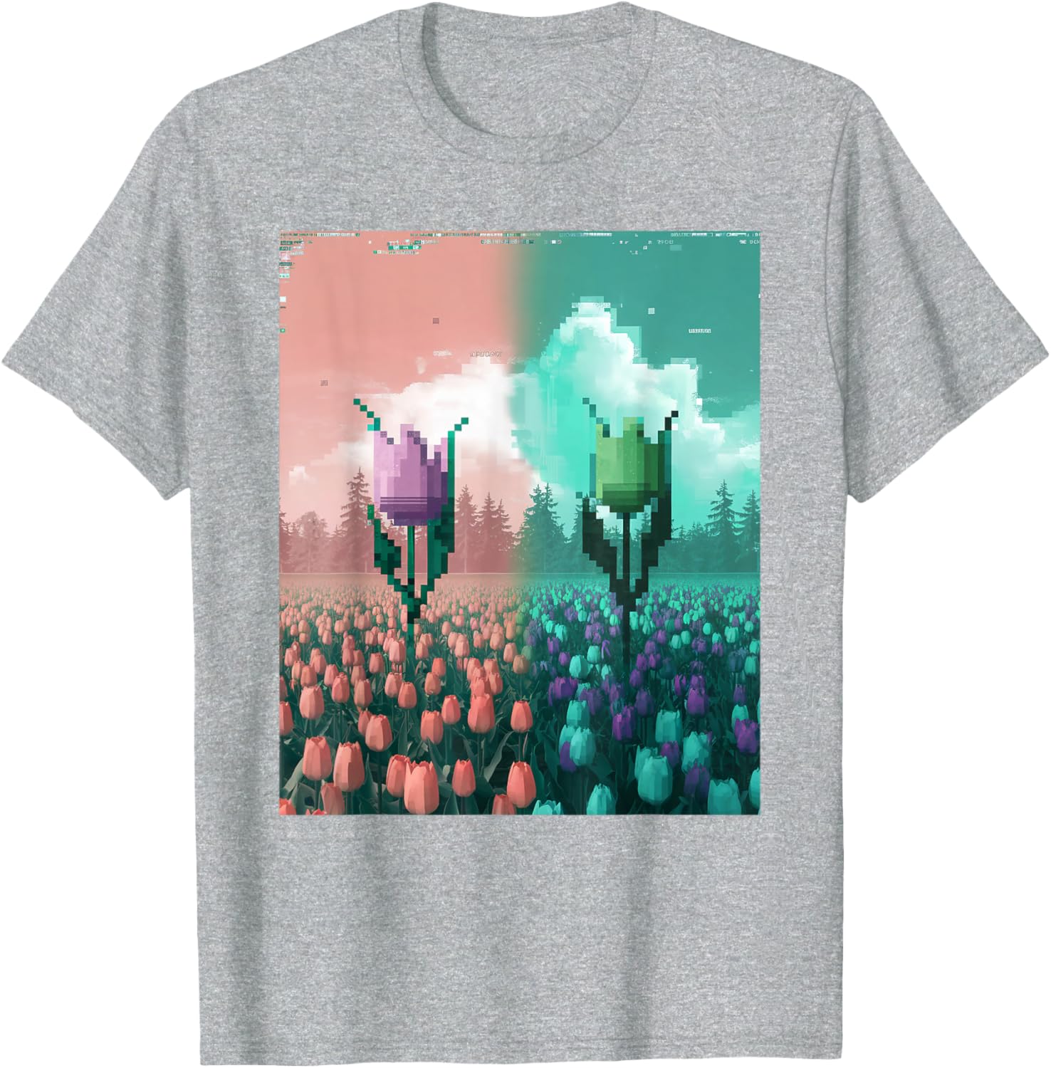 Pixel Tulip Retro Glitch Art T-Shirt for a Vibrant Easter Spring Look - 18