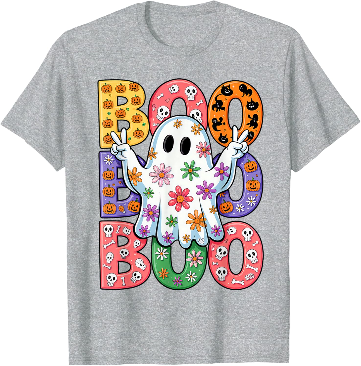 Cute Ghost Floral Halloween T-Shirt for Kids - Spooky Season Fun - 14