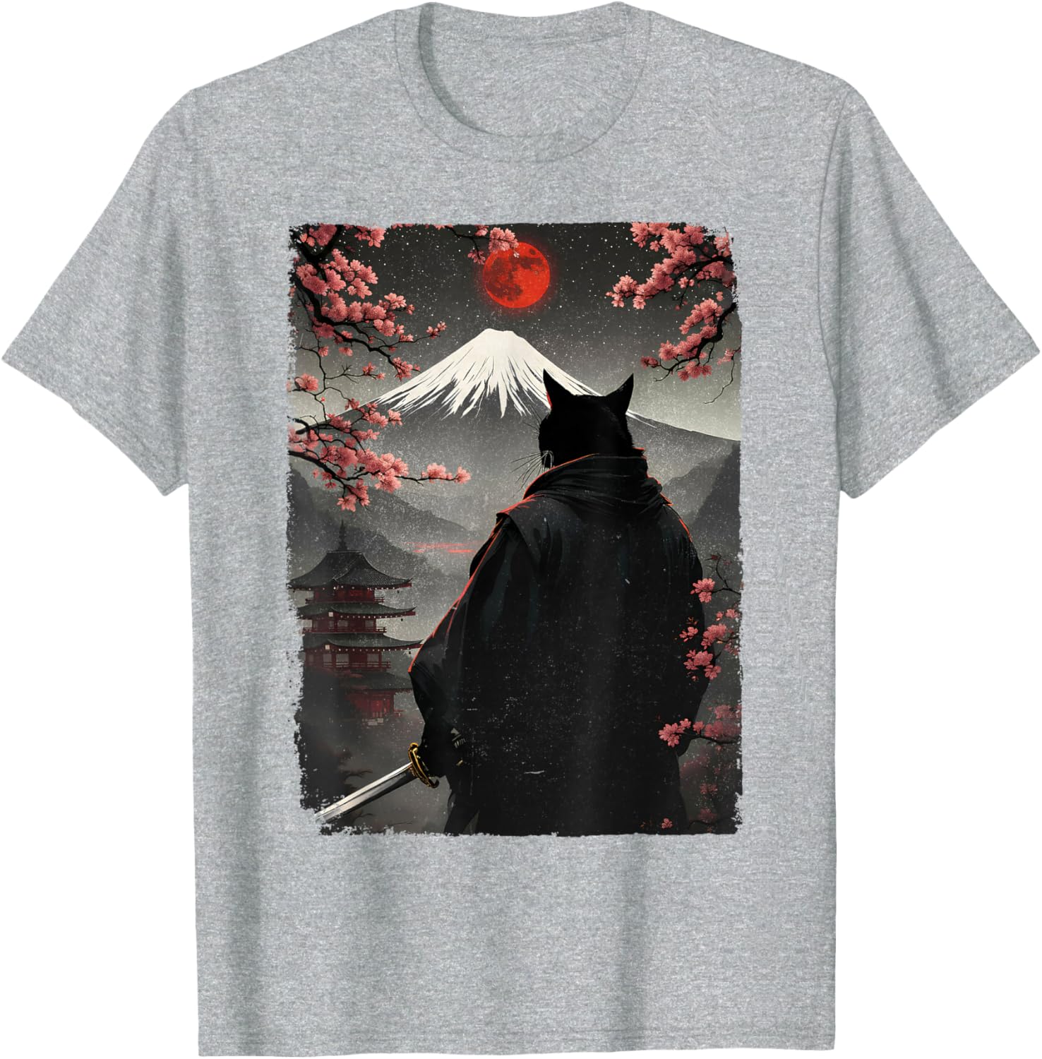 Samurai Cat Warrior Graphic T-Shirt with Blood Moon and Mount Fuji Design - 27