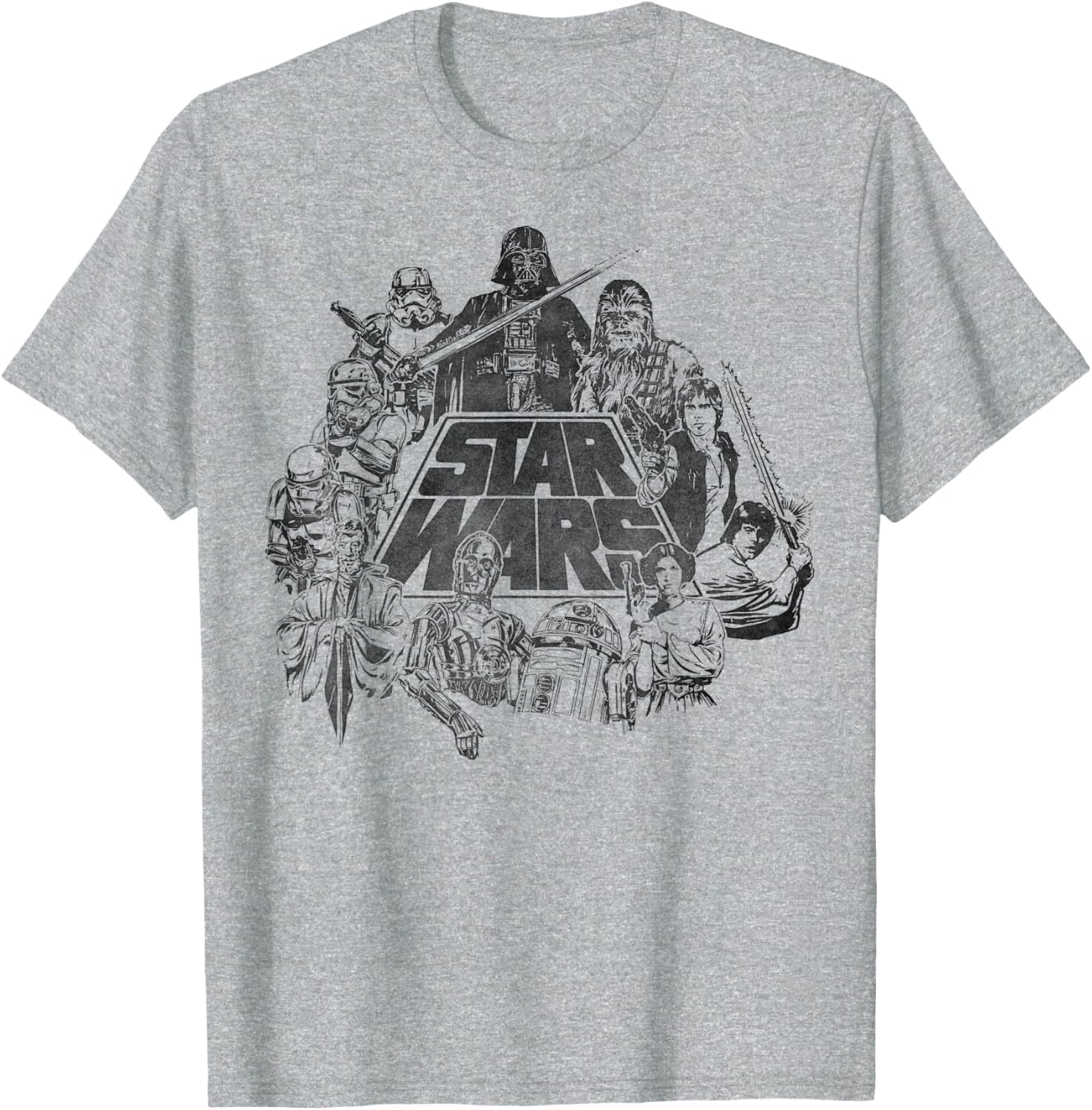 Star Wars Vintage Line Art T-Shirt Featuring Classic Characters - 8